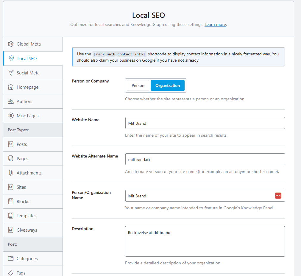 Optimering af Lokal SEO schema i Rankmath